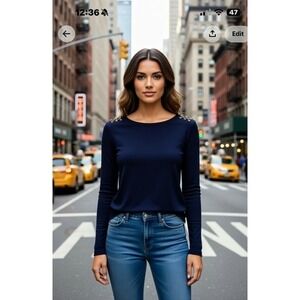 LAUREN - Ralph Lauren Navy‎ Top With Brown Lace Detail On Shoulders Size m